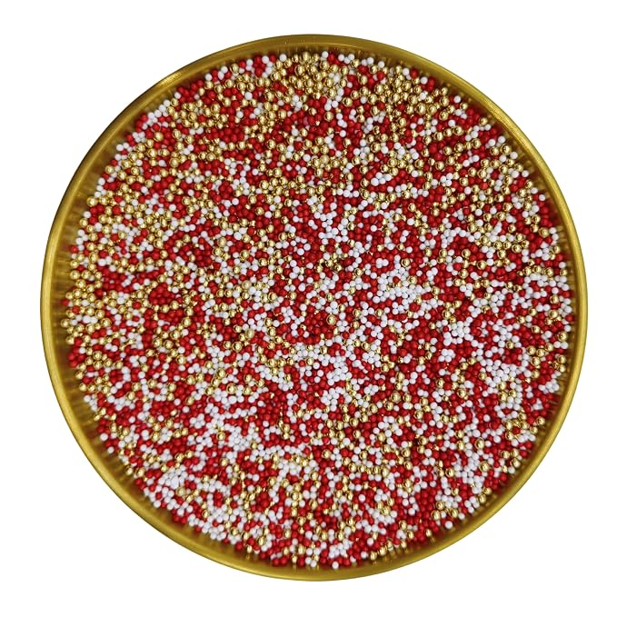 Edible Red & White & Super Gold Pearl Sugar Sprinkles Candy 2mm Mini Pearls Cake Decorations Cupcake Toppers Cookie Decorating Perfect for Wedding Party Valentine Halloween Christmas Supplies 3OZ