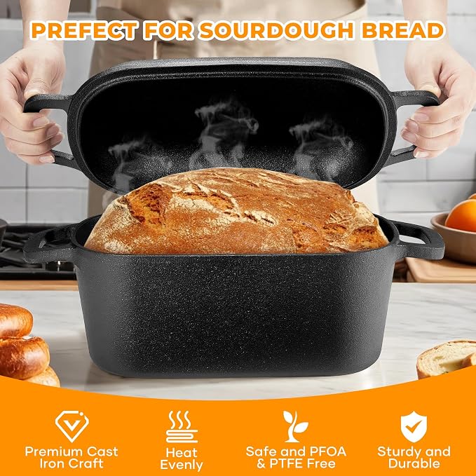 Oval Dutch Oven for Bread Baking, Pre-seasoned Oval Bread Dutch Oven with Lid, Even Heat Distribution Sourdough Baking Pan, 3.6Qt