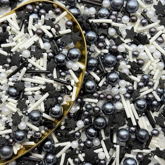 CandiJumpin Black and White Pearl Sprinkles, Edible Pearls and Jimmies Mix Black White Sprinkles Crunchy Jimmies Star Confetti Edible Pearls for Cake Decorating Pearl Decoration for Baking Baby Shower Party Birthday Wedding Christmas Supplies 3 OZ