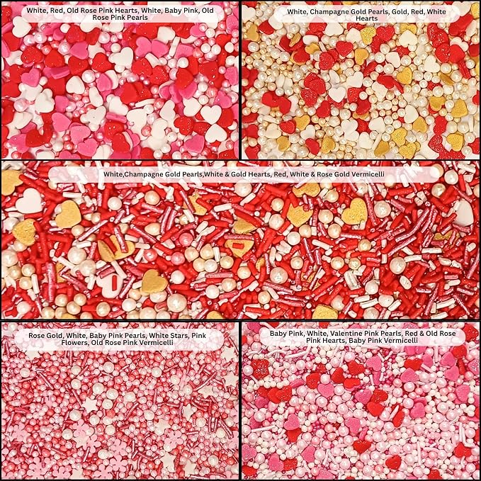 Confect Red, Pink & White Pearls Sprinkles | Mix Heart & Valentine Sprinkles | Sprinkles for Baking & Cake Decorative | Edible sprinkle Assorted Pack of 5 - Vegan, Gluten-Free, Nut-Free, Soy-Free, Dairy-Free, Palm Oil-Free -5 Oz