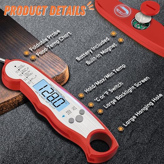 Digital Meat Thermometer, Waterproof Instant Read Food Thermometer for Cooking and Grilling, Kitchen Gadgets, Accessories with Backlight & Calibration for Candy, BBQ Grill, Liquids, Beef, Turkey…