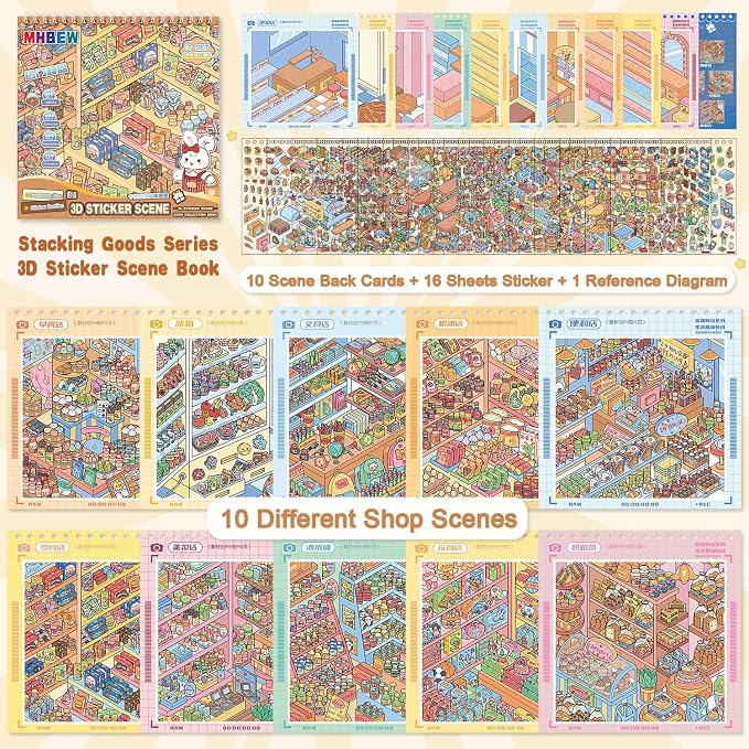 10 Sets Big DIY 3D Sticker Scene Book for Kids Adults Make Your Own Shop House Stickers for Gifts Stickers Therapy for Adult Relief Stress Pass The Time Supermarket Bakery Toy Cosmetics Store