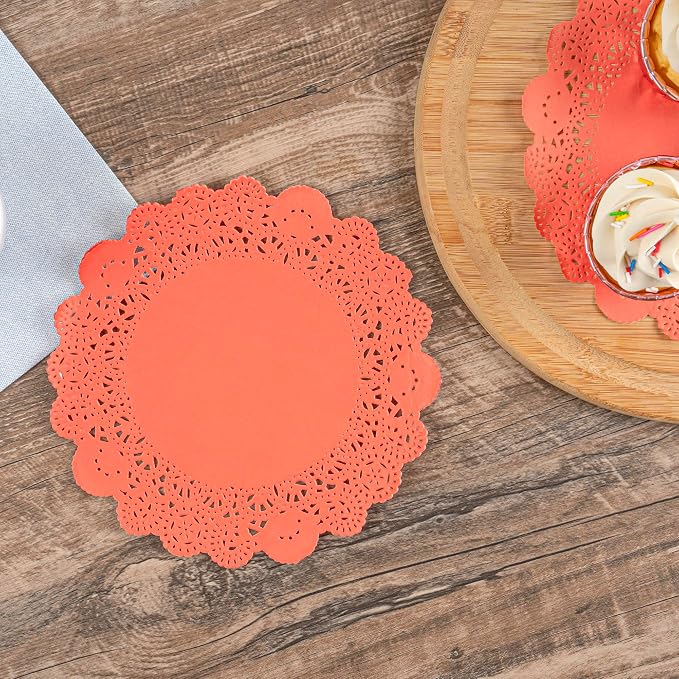 Restaurantware Paper Doilies 100 Pack of 8 Inch Lace Disposable Table Decor Red Round Shape Decorative Presentation