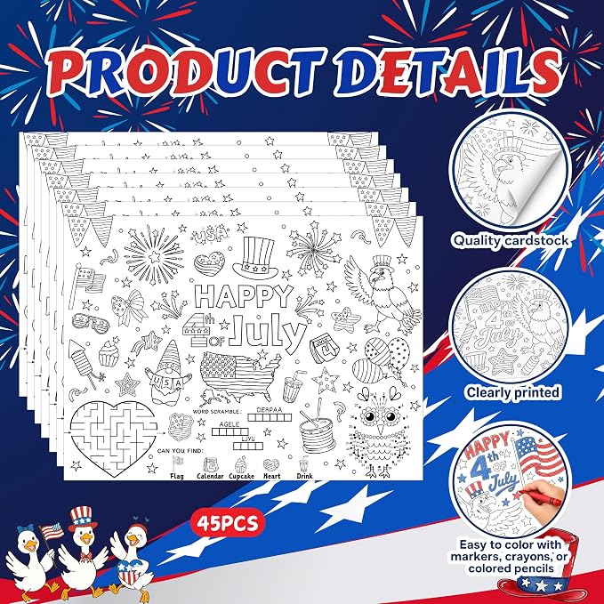 45pcs 4th of July Disposable Coloring Placemats Independence Day Crafts for Kids Patriotic Party Favors Coloring Poster American Flag Fireworks Activity Church Supplies Paper Table Mats