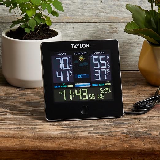 Taylor Digital Wireless Deluxe Indoor Outdoor Thermometer, Weather Station Forecaster, Calendar with Clock, Easy-to-Read Display for Home, Office, Greenhouse, Nursery, and Indoor Areas, LCD, Black