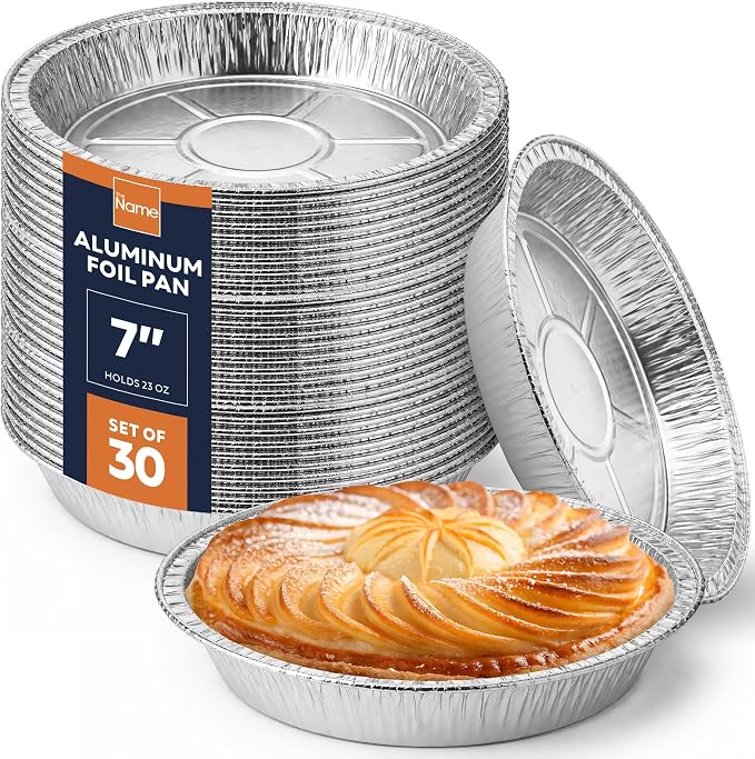 The Name 7" Round 30 Pack Aluminum Foil Pans Disposable Pie Tins, Mini Pans, Tart Baking Trays, Oven/Freezer Safe, Perfect for Apple Pie, Pumpkin Pie, Quiche, Pot Pie, Cobbler, Catering & Food Service
