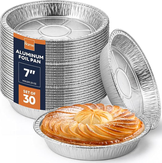 The Name 7" Round 30 Pack Aluminum Foil Pans Disposable Pie Tins, Mini Pans, Tart Baking Trays, Oven/Freezer Safe, Perfect for Apple Pie, Pumpkin Pie, Quiche, Pot Pie, Cobbler, Catering & Food Service