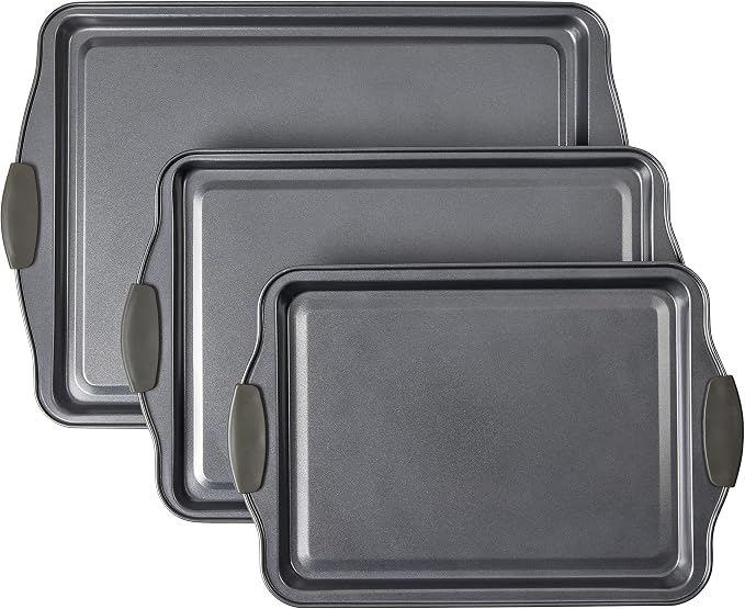 Non-Stick Baking Sheet Set 3 Pcs for Cookies & More, Heavy-Duty Aluminum Baking Sheets with Gray Silicone Handles