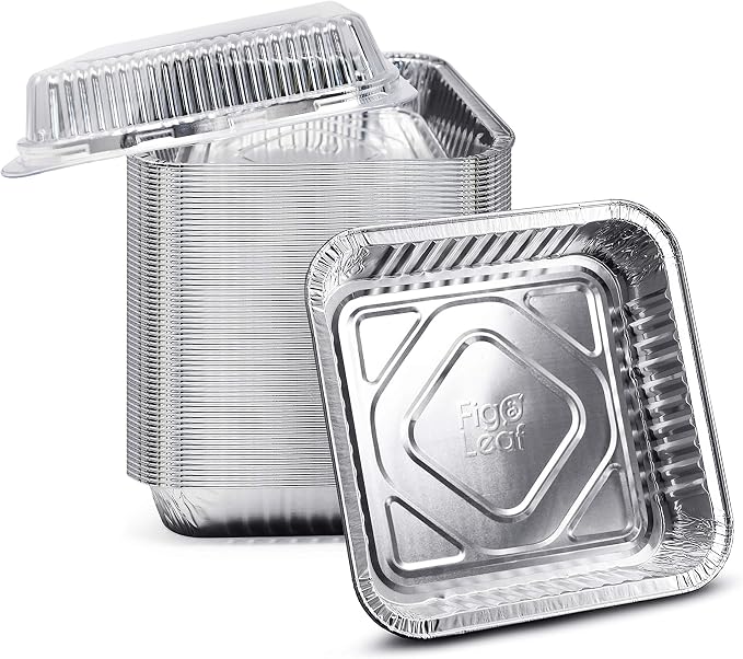 Fig & Leaf (35 Pack) 8” x 8” Square Baking Cake Pans with Plastic Dome Lids | Heavy Duty l Disposable Aluminum Foil Tins l Portable Food Containers l Perfect for Roasting Oven Toaster Cooking