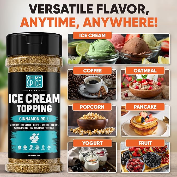 Ice Cream Topping Cinnamon Roll Mix - Gluten Free & Low Sodium Cinnamon and Sugar Flavor for Coffee Toppings. Cinammon Sugar Powder Seasoning for Oatmeal, Yogurt & Dessert. Sweet Buttery Blend. 5.5oz