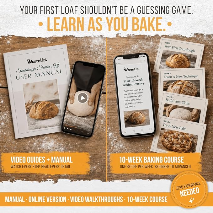 TheWarmUp Sourdough Starter Kit for Beginners with Baking Course & Video Guides, Large 40 oz Glass Jar, 10" Oval and 9" Round Bannetons, Danish Whisk, Lame, Dough & Bowl Scraper, 16 Stencils