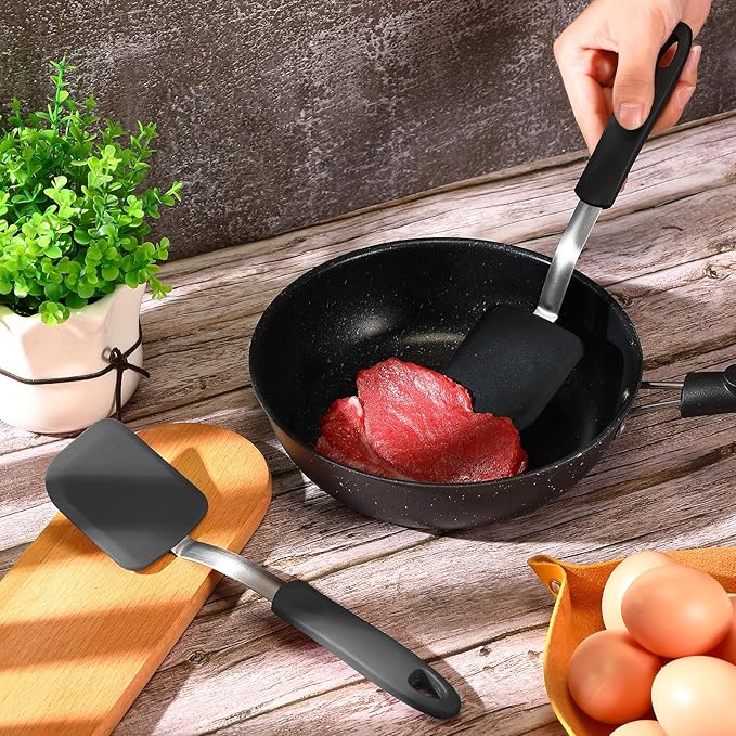 Silicone Cookie Spatula Turner 2 Pack Mini Brownie Spatula Flexible Kitchen Small Silicone Turner for Nonstick Cookware Heat Resistant No Scratch Flipper for Pancake(Solid Flat,Black, Grey)