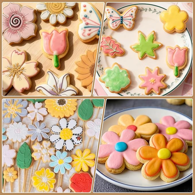 8 PCS Flower Cookie Cutters Set, Stainless Steel Flowers Cookie Cutters, Daisy, Tulip, 3 Shaped of Flowers, Butterfly,Cherry Blossom (Bee & Bird) (silver)
