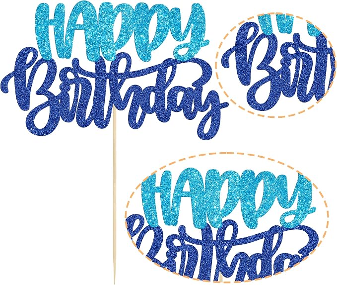 Gyufise 1Pcs Happy Birthday Cake Topper Glitter Cake Pick for Celebrating Happy Birthday Anniversary Theme Party Cake Decorations Supplies Blue