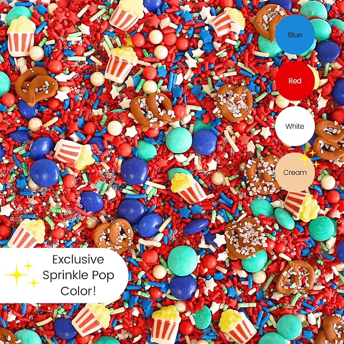 Sprinkle Pop Fairground Faves Sprinkle Mix, with ~6 Pretez & Popcorns, 2oz | fourth of July, independence, memorial, labor, veterans & patriotic day cake, cupcakes, cookies, ice cream dessert decoration