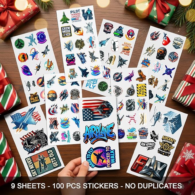100 PCS Aviation Stickers Set – Fighter Jet & Helicopter Plane Pilot Vinyl Decals for Unisex Teen Adults – Airplane Laptop Water Bottle Scrapbook Helmet Party Favors Birthday