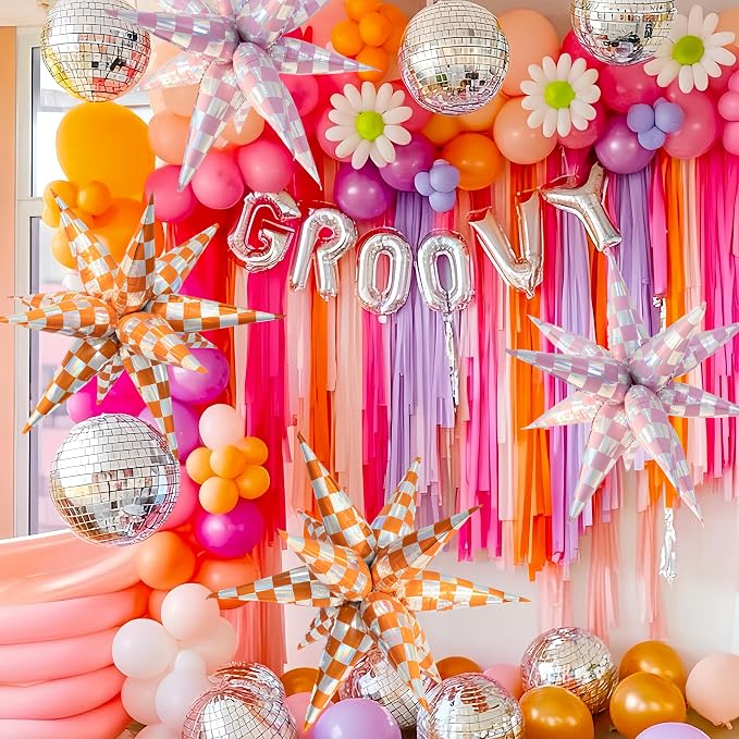 2 * 12Pcs Orange Silver Holographic Explosion Pointed Star Foil Balloons/Football Game Day/The Life of A Showgirl Party/Tay*lor Sunset Coastal Birthday, Glam Showgirl Era Party (2Pcs Orange Laser)