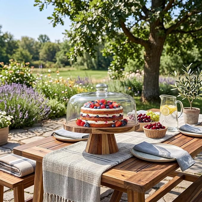 Acacia Wood Cake Stand with Lid - 11.4” Wooden Cake Stand with Dome & Magnetic Base, Cupcake Stand for Birthday Parties & Gatherings, Premium Clear Acrylic Lid for Dessert Display(Magnetic)