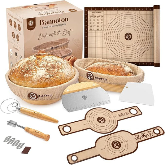ABIOTO Sourdough Bread Baking Kit - 17-Piece Artisan Set with 9" Round & 10" Oval Rattan Baskets, Slings, Baking Mat, Bread Lame, Danish Whisk & Scrapers