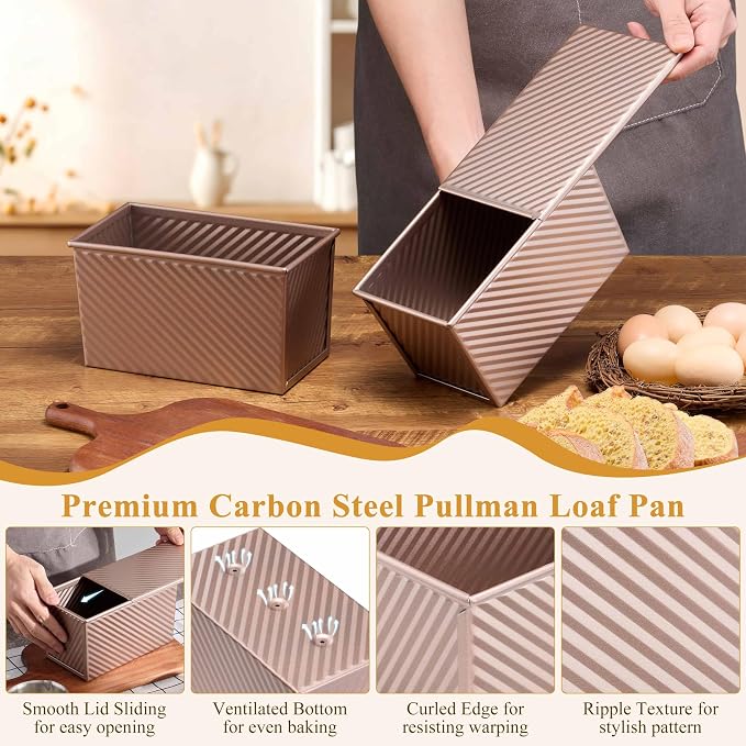 LIANYU Pullman Bread Loaf Pan with Lid, 4 Pack 1 Pound Nonstick Sourdough Loaf Pans, Heavy Duty Metal Baking Bread Tin, Homemade Sandwich Toast Bakeware, Oven Safe, Rose Gold