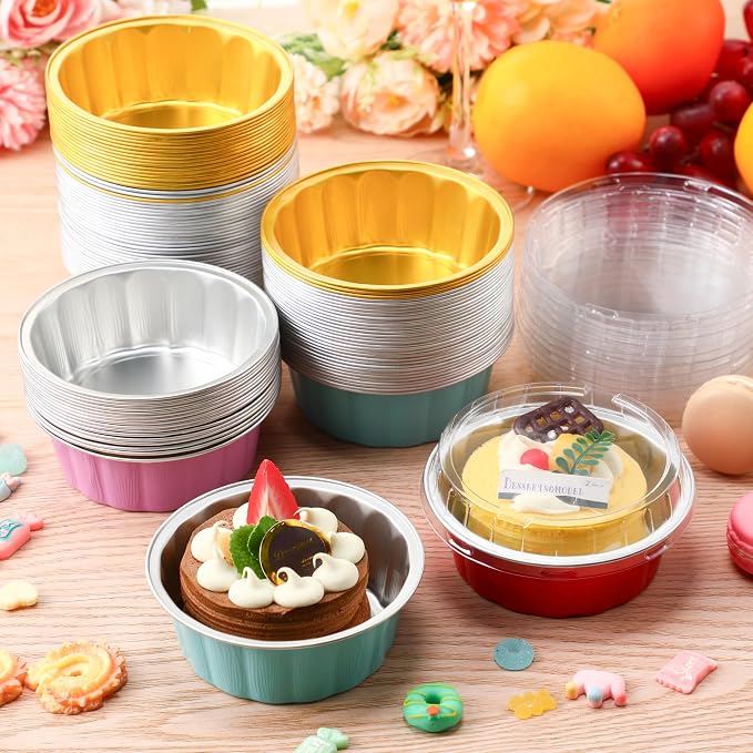 Tessco for you 100 Pcs Disposable Ramekins with Lids 8 oz Creme Brulee Ramekin Aluminum Foil Cup Cupcake Liner Baking Valentines Disposable Muffin Tin Pan Cheesecake Container (Multi Colors)