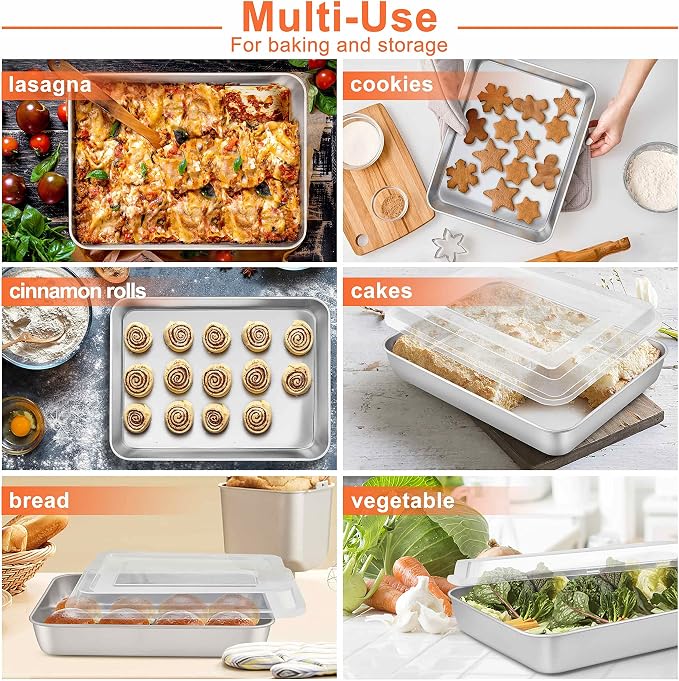 Herogo Baking Pan with Lid (1 Pan + 1 Lid), 8 x 10 Inch Nonstick Rectangle Stainless Steel Baking Set, Deep Cakes Bakeware for Brownies Casseroles, Non Toxic & Dishwasher Safe