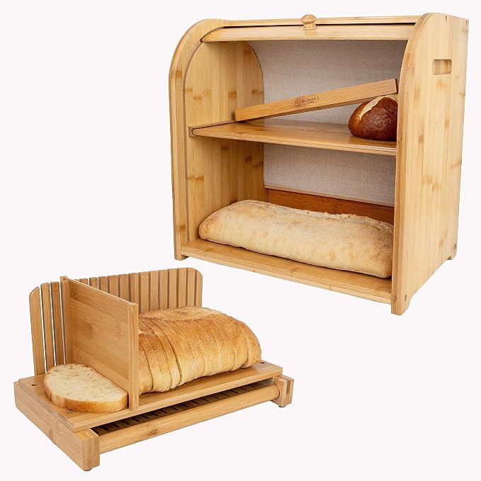 Bread Box & Bread Slicer, Bread Box for Kitchen Countertop. Roll Top, Bread Tong, 2 Layer Bread Box, Double Breadbox Bread Storage, Extra Large Bread Container