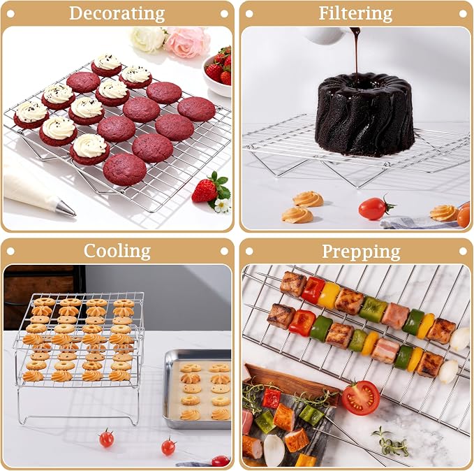LIANYU Cooling Rack 15"x10", 3-Tier Stackable & Collapsible Stainless Steel Baking Wire Racks for Cooking, Baking, Roasting, Drying, Oven & Dishwasher Safe, Silver