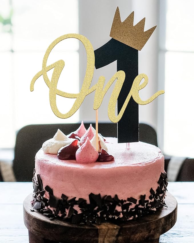 MYAMPED First Birthday Cake Topper - Glitter Gold One Sign 1st birthday Cake Decorating Supplies, Suitable for Baby Shower Favors, Gender Reveal, Baby Birthday Party or Baby Photo Booth Props