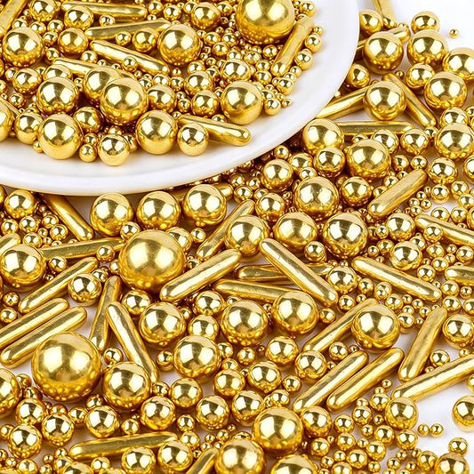 Sprinkles for Cake Decorating, Edible Gold Pearl & Rods Sprinkles in Mix Sizes 130g/4.6oz, Baking Cupcakes, Donuts, Macarons Baking Toppings, Wedding Celebration Birthday Party Supplie