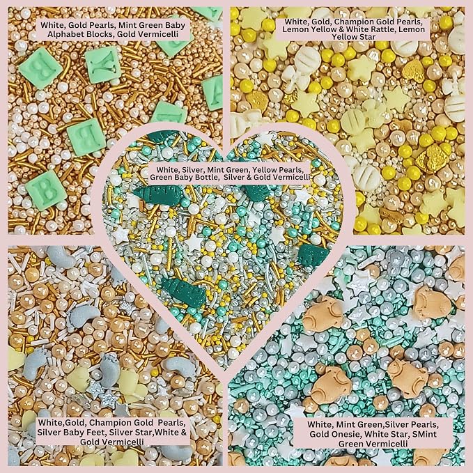 Confect Baby Shower Sprinkles | Gender Reveal Sprinkles | Gold, Silver, Mint Green & Pearl Dragees | Mix Silver Baby Feet & Feeding Bottle Sprinkle | Vegan & Gluten Free - 5 Oz