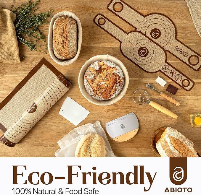 ABIOTO Sourdough Bread Baking Kit - 17-Piece Artisan Set with 9" Round & 10" Oval Rattan Baskets, Slings, Baking Mat, Bread Lame, Danish Whisk & Scrapers
