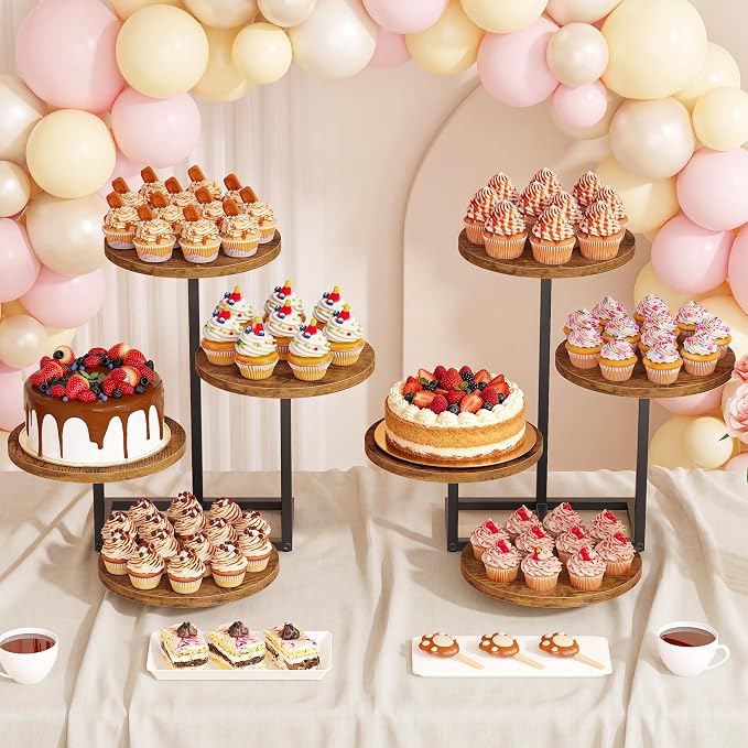 Emfogo 4 Tier Cupcake Tower Stand, Wood Round Dessert Table Display Set, Cup Cake Display Stands for Wedding Birthday Party Afternoon Tea Farmhouse Tiered Tray for Cake Cookie Food (2-Pack)