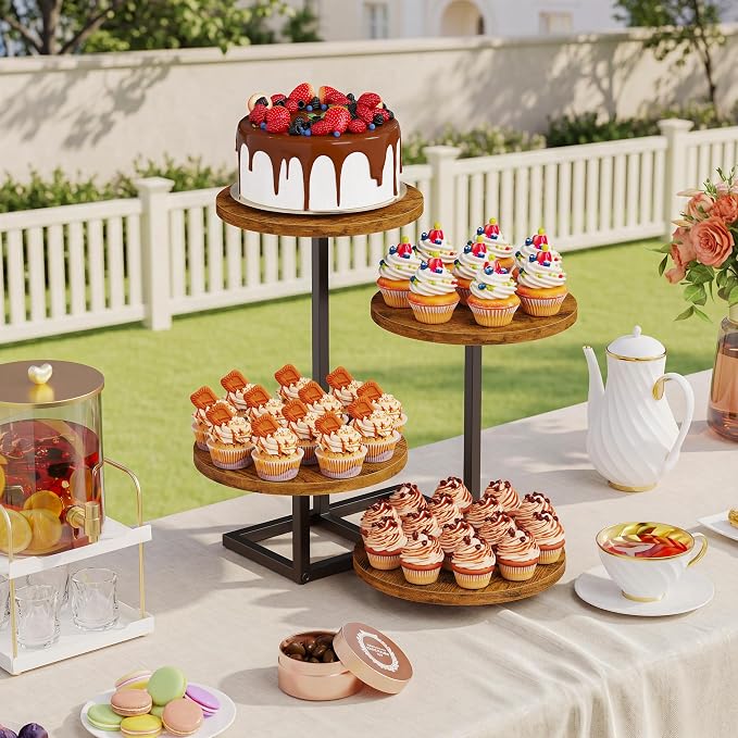 Emfogo 4 Tier Cupcake Stand for 50 Cupcakes, Wooden Round Cupcake Tower Stand, Dessert Display for Wedding Birthday Party Afternoon Tea Rustic Tiered Tray for Cake Cookies Food (1-Pack)