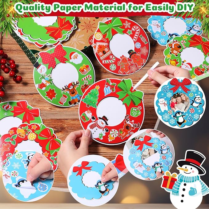 Dianelhall 24 Sets Christmas Picture Frame Craft Kit Xmas Wreath Photo Crafts Christmas Picture Frames Gift with Santa Stickers for Classroom Xmas Holiday Party Activities(Colorful Wreath)