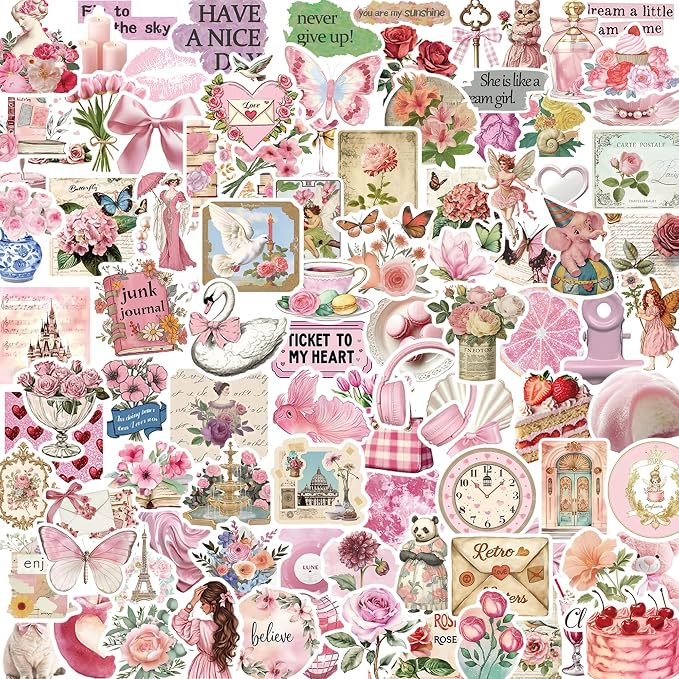 100 Pcs Pink Coquette Stickers for Scrapbooking, Waterproof Vinyl Vintage Stickers for Scrapbook Laptops Water Bottles Journals, Cute Aesthetic Decorative Decals for Girls Teens Students