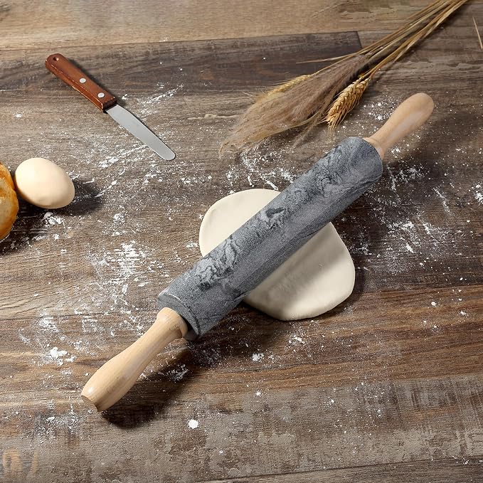 Koville Marble Rolling Pin, Non-Stick Polished Dough Roller, Pasta, Dumpling, Ravioli, Fondant,Pie Crust, Kitchen Baking Pastry Tools Grey Marble