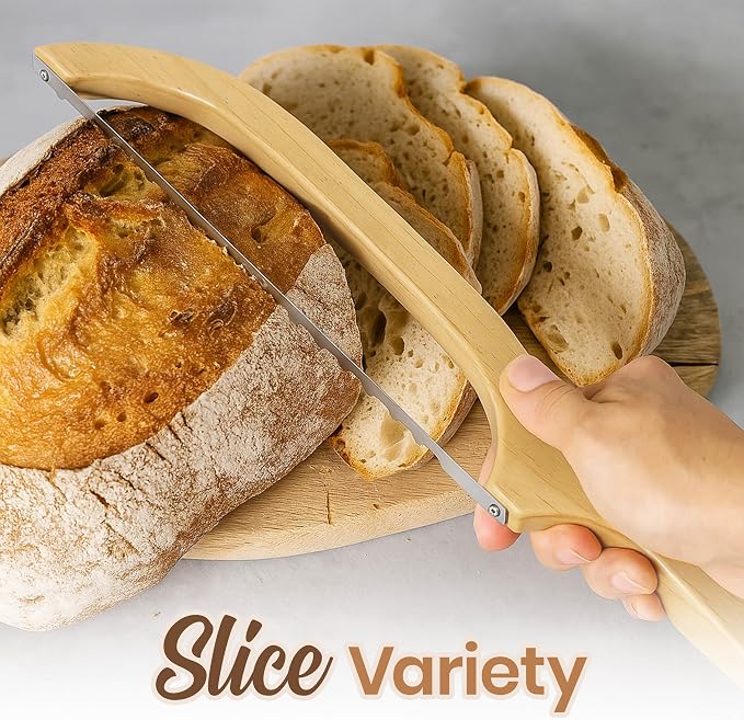Wooden Bread Bow Knife, 15.7'' Serrated Bread Knife for Homemade Bread with Reliable 1 Extra Blade, Sourdough Slicer and Reusable Bread Bags Set - Gift for Baker