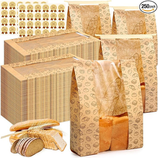 Feifeiya 250 Pack Kraft Paper Bread Bags for Homemade Sourdough Bread Bag with Clear Window 13.7 x 8.2 x 3.5 Large Bakery Packaging for Treat Storage Gift Giving with Seal Sticker