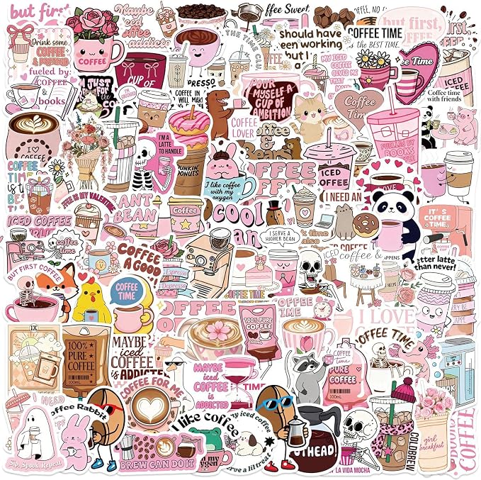 100 Pcs Coffee Lover Pink Stickers Funny Coffee Time Aesthetic Vinyl Waterproof Stickers for Water Bottles Cups Laptops Bike Car Luggage Skateboard