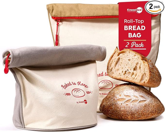 KNEADACE Bread Bags for Homemade Bread -Stylish Sourdough Bread Storage with Roll-Top Design, 100% Cotton & Food-Safe Lining, Eco-Friendly, Gift For Bakers & Home Bakers (2 Pack)