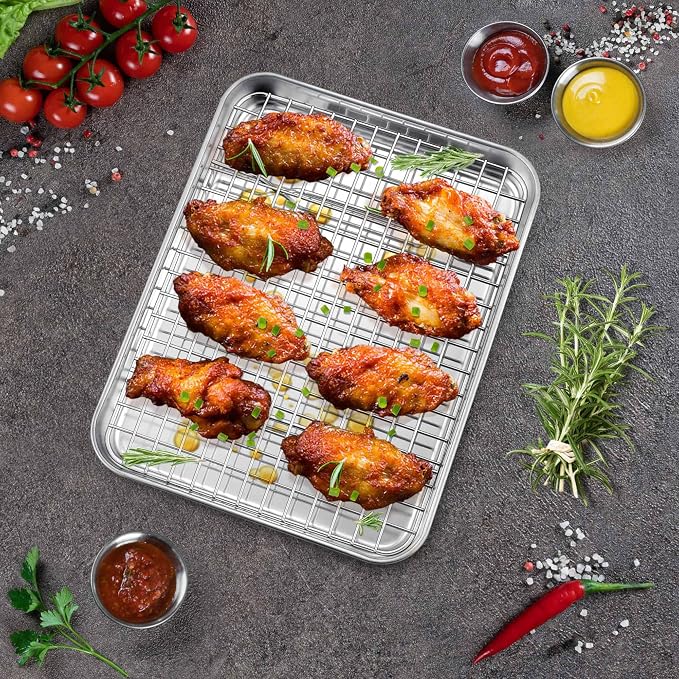 P&P CHEF 10.4 Inch Toaster Oven Pan with Rack Set, Stainless Steel Baking Pan Tray and Grid Cooling Rack for Cooking/Roasting, Dishwasher Safe & Easy to Clean, Non-toxic & Sturdy, (2Pcs)