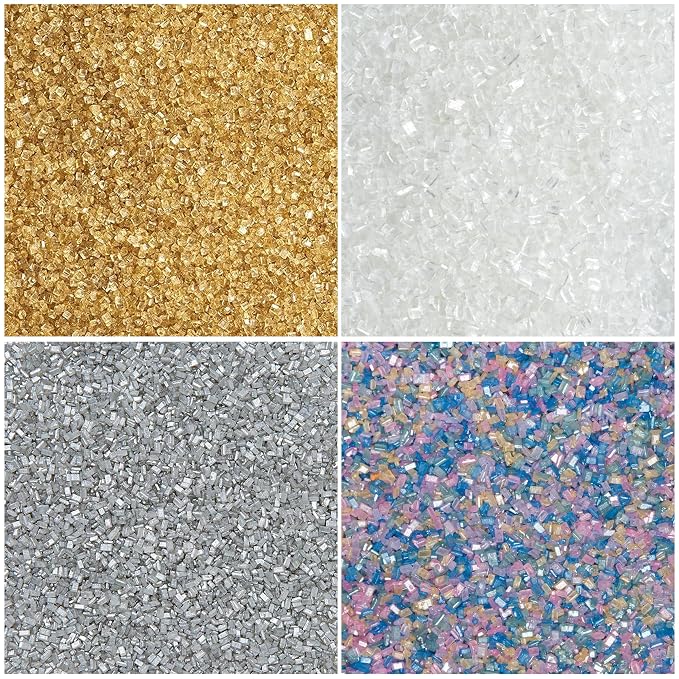 Cake Mate Shimmer Decorating Sugar 4-Pack – Gold, Silver, White, and Pearlescent – Edible Decorating Sugar for Cookies, Cupcakes, and Holiday Treats – 2.2–2.5 oz Bottles