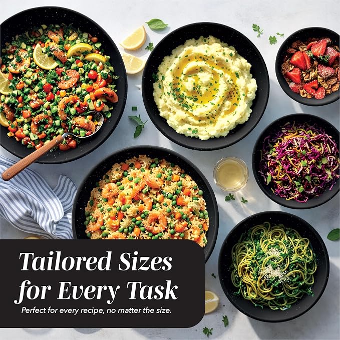 COOK WITH COLOR Mixing Bowls with TPR Lids - 12 Piece Plastic Nesting Bowls Set includes 6 Prep Bowls and 6 Lids, Microwave Safe (Speckled Black)