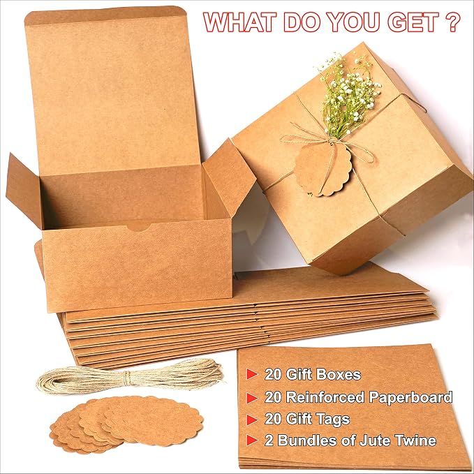 mudrit Kraft Gift Boxes 20 Pack 8x8x4 Inches, Thick Kraft Paper Boxes with Lids, Tags & Jute Rope for Gifts, Wedding Favours, Bridesmaid Proposals, Cupcakes, Crafting