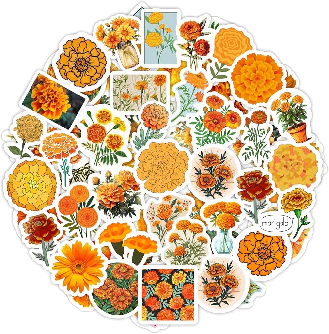 BulbaCraft Marigold Stickers | Water Bottle & Laptop, Floral Party Supplies & Decorations, Waterproof Vinyl Decals, Gifts for Women & Men