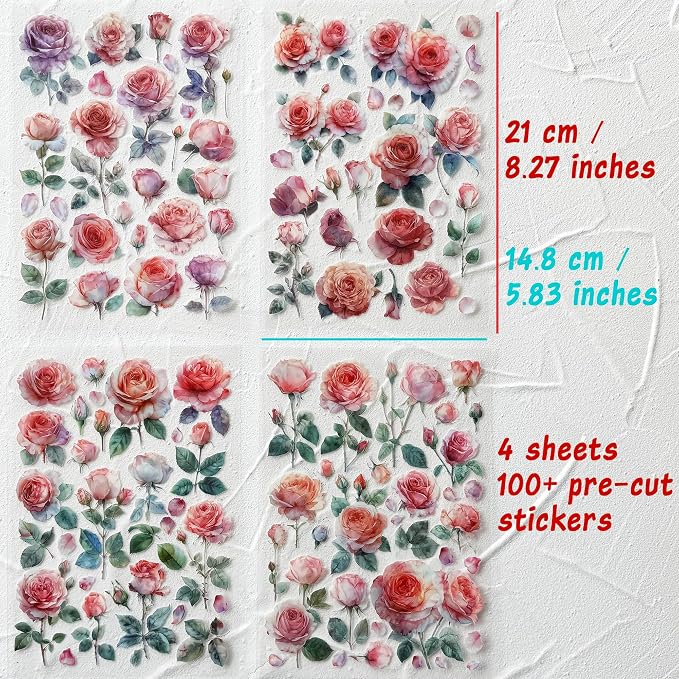 Watercolor Roses Stickers for Scrapbooking, Self-Adhesive Flowers Stickers Journal Embellishment Supplies for Art Craft Decorations