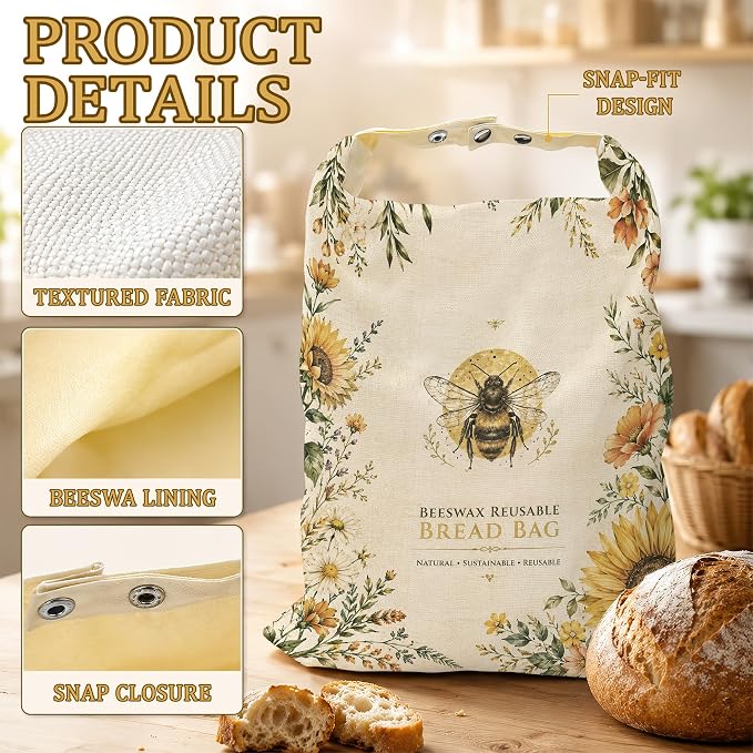 Bee Sunflower Bread Bags for Homemade Bread, Botanical Garden 2 Pack Linen and Beeswax Sourdough Storage Bags, Reusable Keeper, Keeps Breads Fresh Longer, Gifts for Bakers