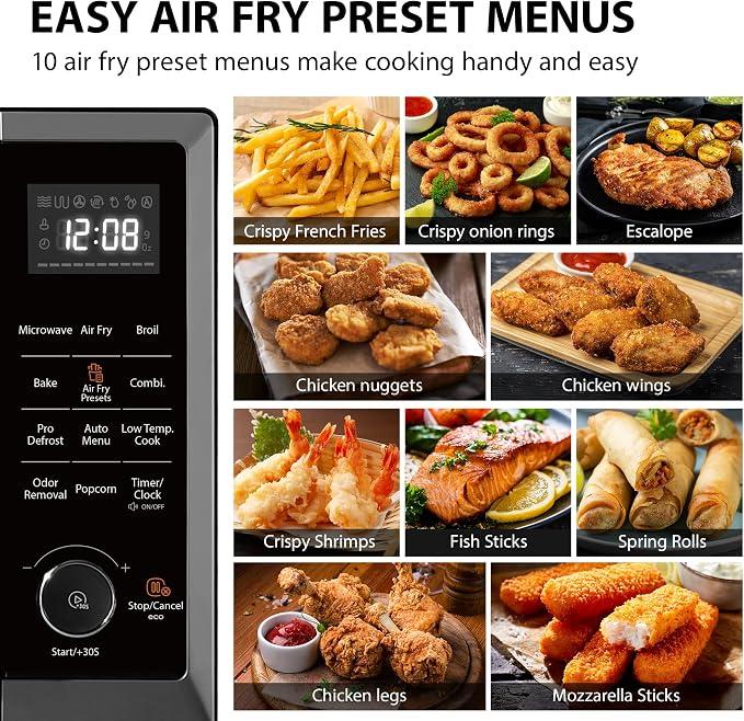 TOSHIBA Air Fryer Combo 8-in-1 Countertop Microwave Oven, with Convection, Broil, Odor Removal Mode, 12.4" Position Memory Turntable, Child-Lock, 1.0 Cu.ft, Black Stainless Steel, ML2-EC10SA(BS) A