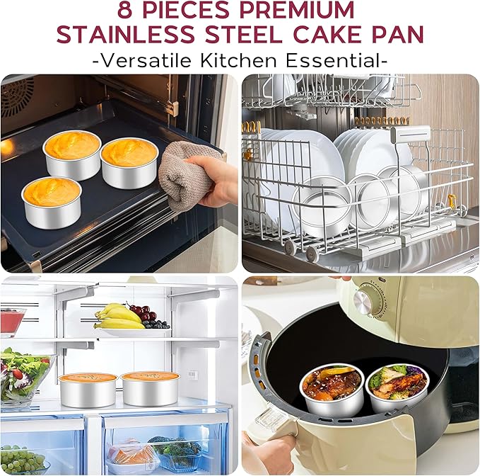Onader 4 Inch Cake Pans Sets of 8 for Baking, Stainless Steel Mini Round Smash Cake Bake Pan, Small Size & Non Toxic for Birthday Wedding